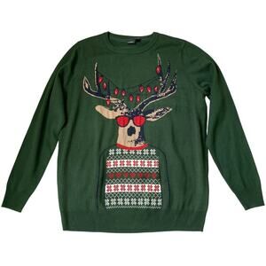 Reindeer Ugly Christmas Sweater w/ Fair Isle Accent Unisex XL Green Holiday Fun